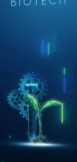 Biotech digital wallpaper with gears and sprouting plant on blue background.