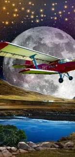 Red biplane flying under a glowing full moon with stars.