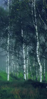 Misty birch forest wallpaper with green hues.