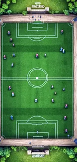 Aerial view of a soccer field with vibrant green grass and player figures.