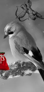 A grayscale bird with red sack and archer figure on a branch.