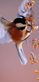 A bird in flight with berries on a soft brown background.