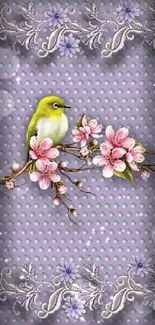 Bird on blossoming branch, purple dotted background wallpaper.