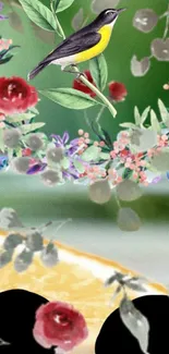 Colorful bird sits among vibrant floral arrangement.