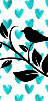 Artistic bird silhouette on branch with blue heart background.