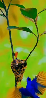 Bird in nest on a green branch with colorful background