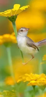 A small bird perched on yellow flower in a lush vibrant field.