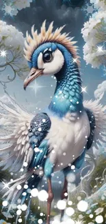 Whimsical fantasy bird with vibrant colors and sparkles.