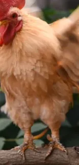 A rooster with vibrant feathers perched on a branch.