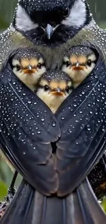 Bird protects chicks from rain in stunning nature scene.