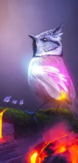 Mystical bird on a glowing, fiery landscape.