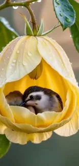 A bird nestled inside a yellow flower blossom with dewdrops.