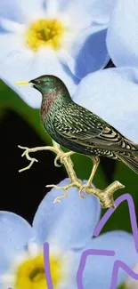 Bird perched on a branch with blue and yellow flowers.