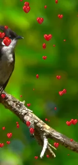 Bird on branch with floating red hearts in vibrant forest.