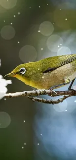 Bird perched on cherry blossom branch with pink flowers in springtime setting.