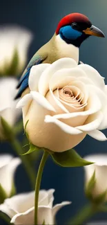 Colorful bird perched on a white rose.