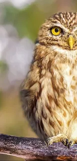 A brown owl perched on a branch with a blurred background.