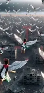 Angelic figures flying over cityscape in surreal wallpaper.