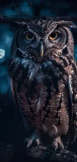 Nocturnal owl perched in dark blue forest, creating a mystical wallpaper.