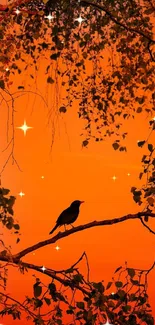 Silhouette of bird on branch against vivid orange sunset sky.