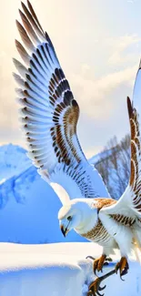 Snowy eagle soaring over mountain landscape with blue sky.