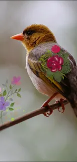 Bird with artistic flowers on branch in brown color tones.