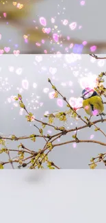 Bird on a branch with glowing pink heart lights.