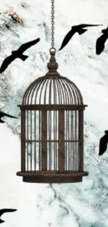 Vintage birdcage with birds flying on a textured background.