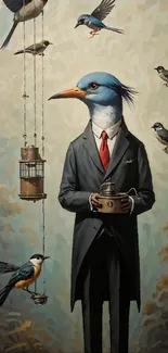 Birdman in suit with birds in whimsical art scene.