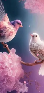 Two birds perched amid cherry blossoms on a pastel background.