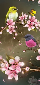 Colorful birds among pink blossoms on a tree branch wallpaper.