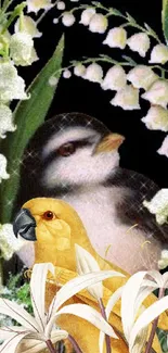 Birds nestled among white flowers in a nature-themed wallpaper.