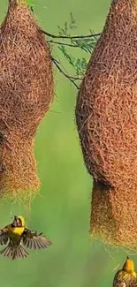 Two birds near intricately woven nests in a lush green setting.