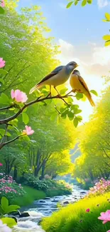 Birds perched among pink flowers in a sunlit forest.