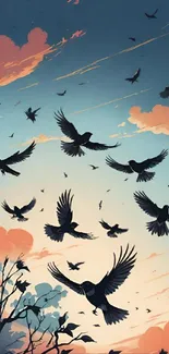 Illustration of birds flying against a pastel-colored sky at sunset.