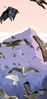 Wallpaper of birds flying in front of a pastel mountain landscape.