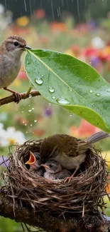 Birds in a nest under raindrops and greenery in springtime.