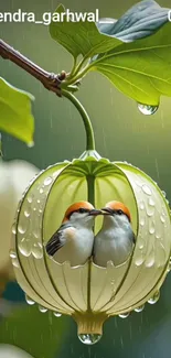 Two birds nestled under rain-kissed leaves.