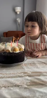 Child gazes at birthday cake with candles.