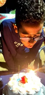 Young man blowing birthday candles on cake at night.