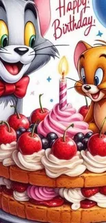 Cartoon characters celebrate with cake.