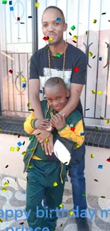 Father and son hugging with a birthday message on a light stone background.