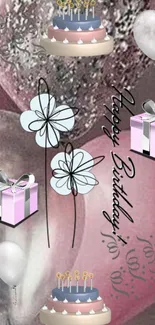 Festive pink birthday wallpaper with balloons, gifts, and cakes.