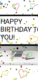 Desktop wallpaper with birthday greeting and colorful hearts.