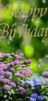 Birthday greeting with hydrangeas and sparkling text.