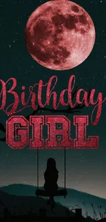 Birthday girl wallpaper with red moon and swing silhouette against night sky.