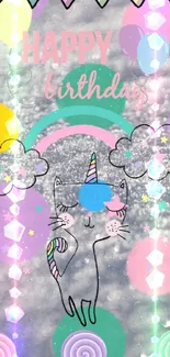 Colorful unicorn birthday wallpaper with pastel bunting and festive theme.