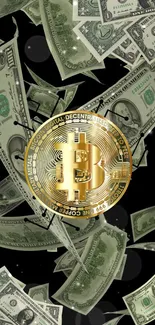 Bitcoin surrounded by falling dollar bills on a black background.