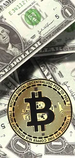 Mobile wallpaper of Bitcoin symbol on dollar bills background.