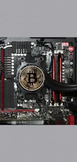 Bitcoin emblem on a circuit board in a tech-inspired wallpaper.